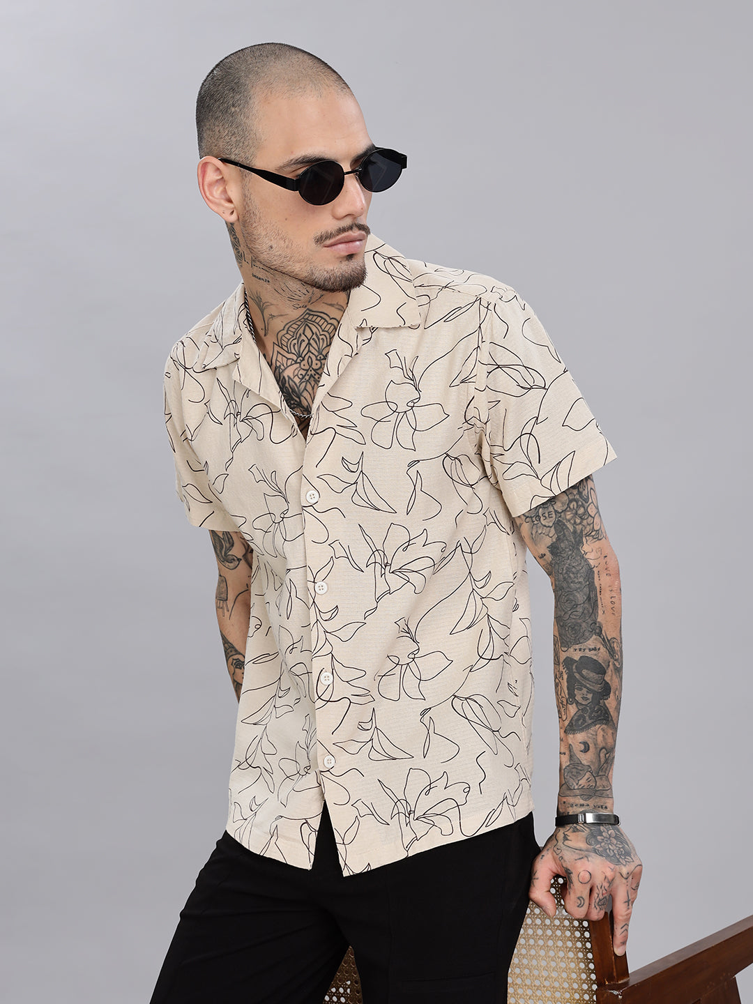 Beige Cotton Printed Shirt