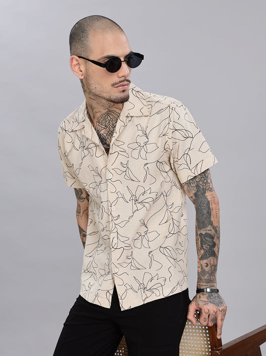 Beige Cotton Printed Shirt