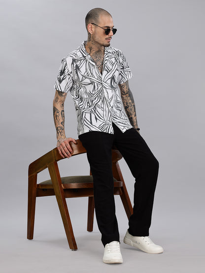 White Cuban Collared Printed Shirt