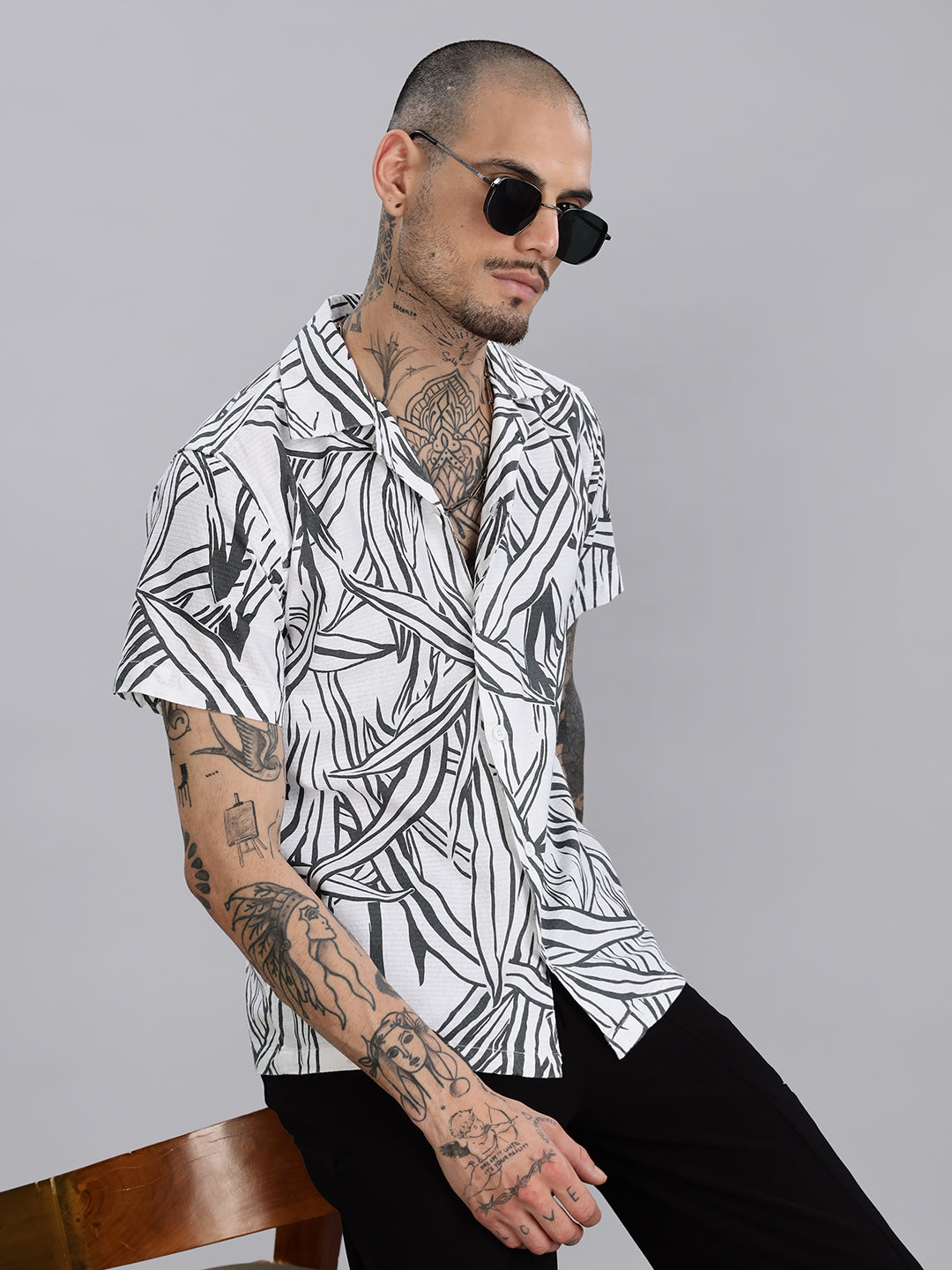 White Cuban Collared Printed Shirt