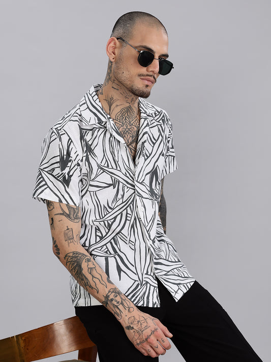 White Cuban Collared Printed Shirt