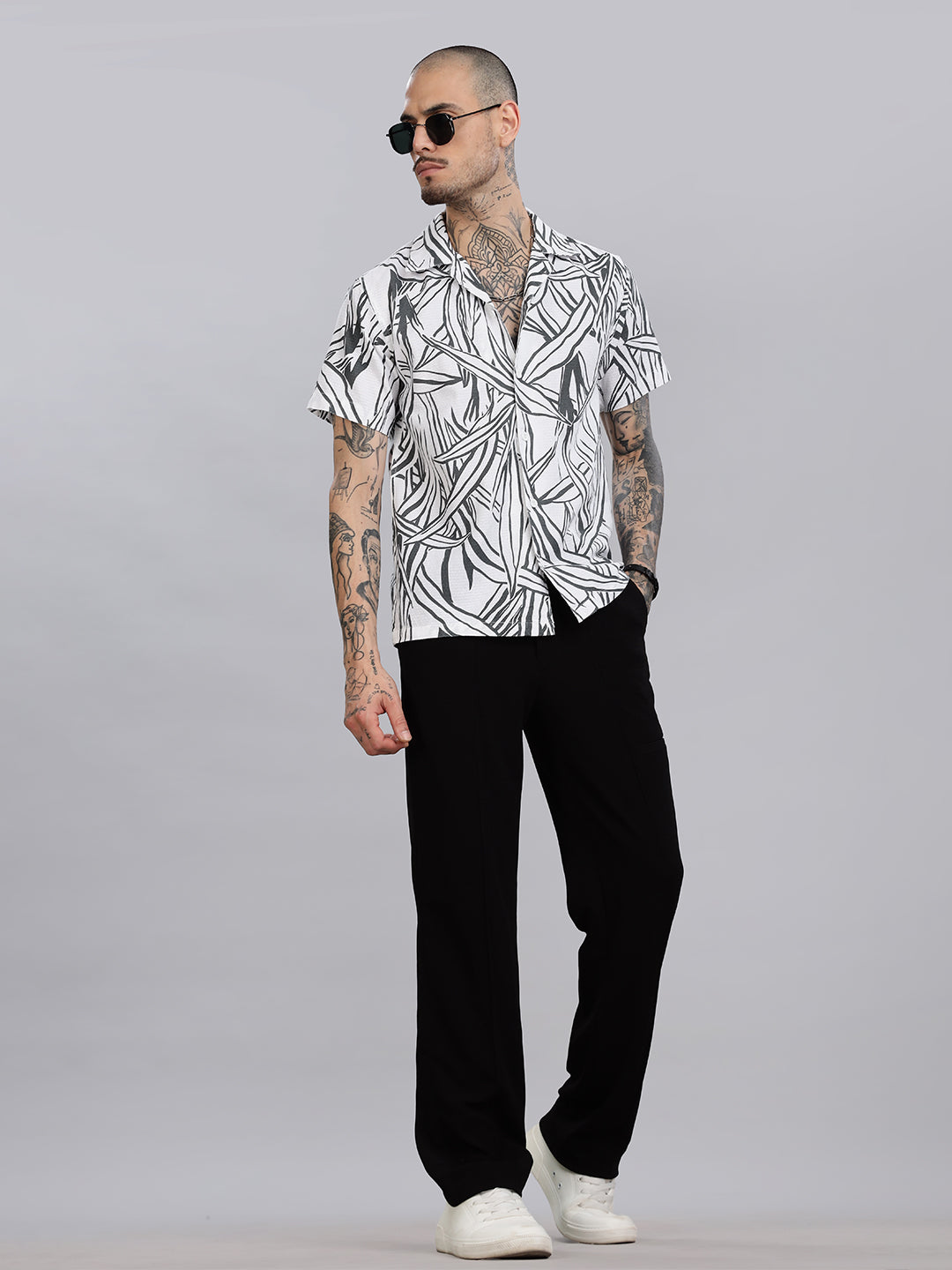 White Cuban Collared Printed Shirt