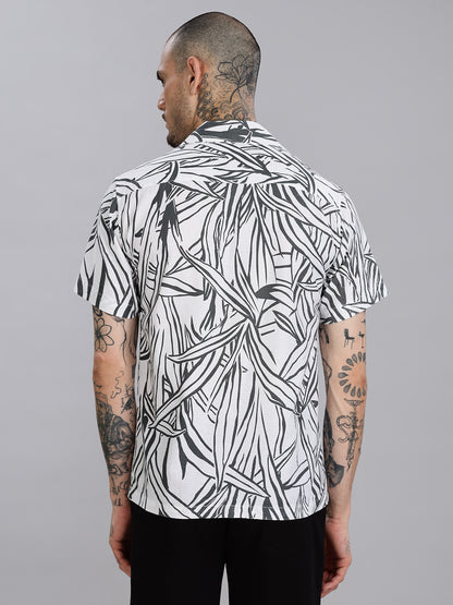 White Cuban Collared Printed Shirt