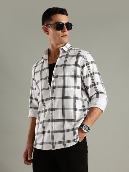 Men White Cotton Dobby Checks Shirt
