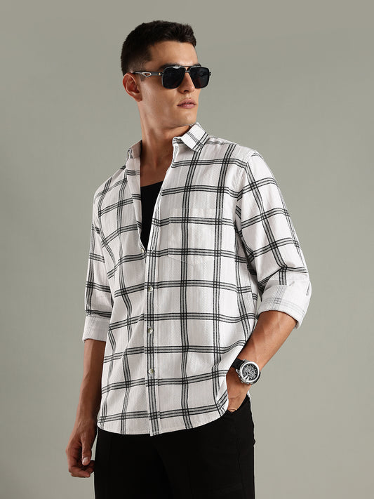 Men White Cotton Dobby Checks Shirt