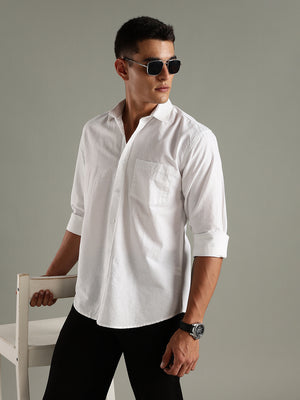 Men White Cotton Linen Slim Fit Spread Collar Classic Shirt