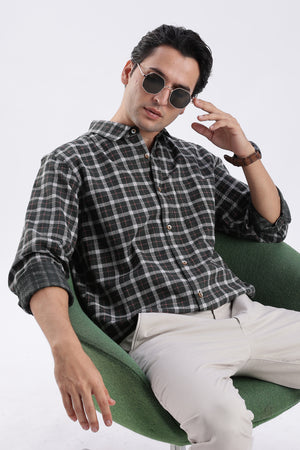 Men Green Cotton Dobby Checks Shirt