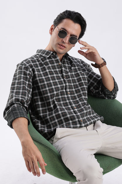 Men Green Cotton Dobby Checks Shirt