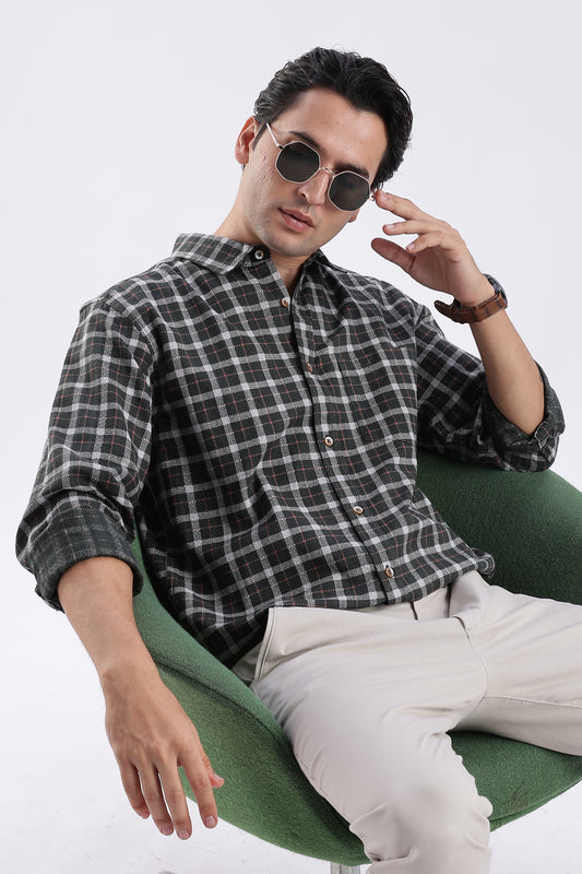 Men Green Cotton Dobby Checks Shirt