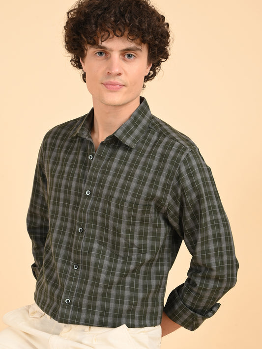 Green Melange Checks Cotton Shirt