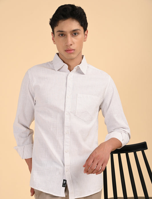 Khadi Linen Beige Stripes Casual Shirt
