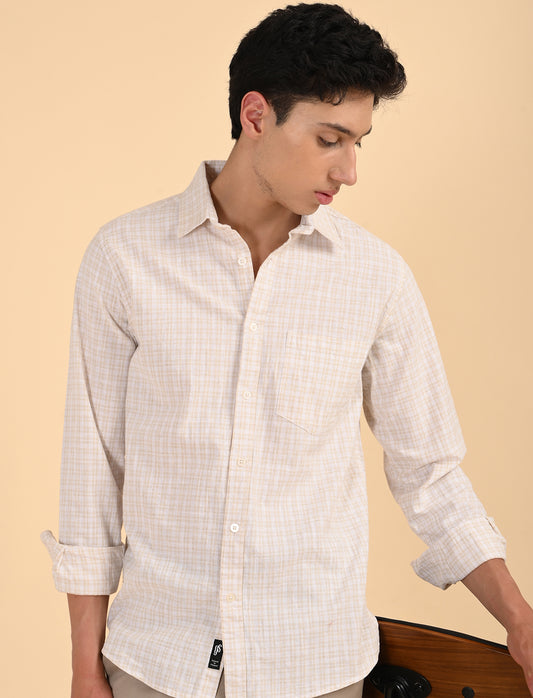 Beige Fine Checks Casual Linen Shirt