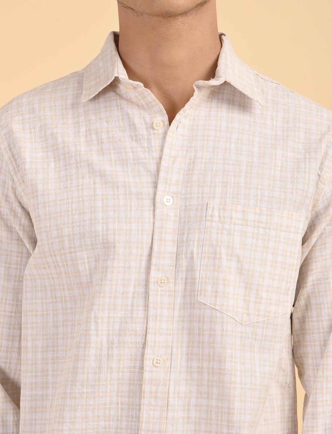 Beige Fine Checks Casual Linen Shirt