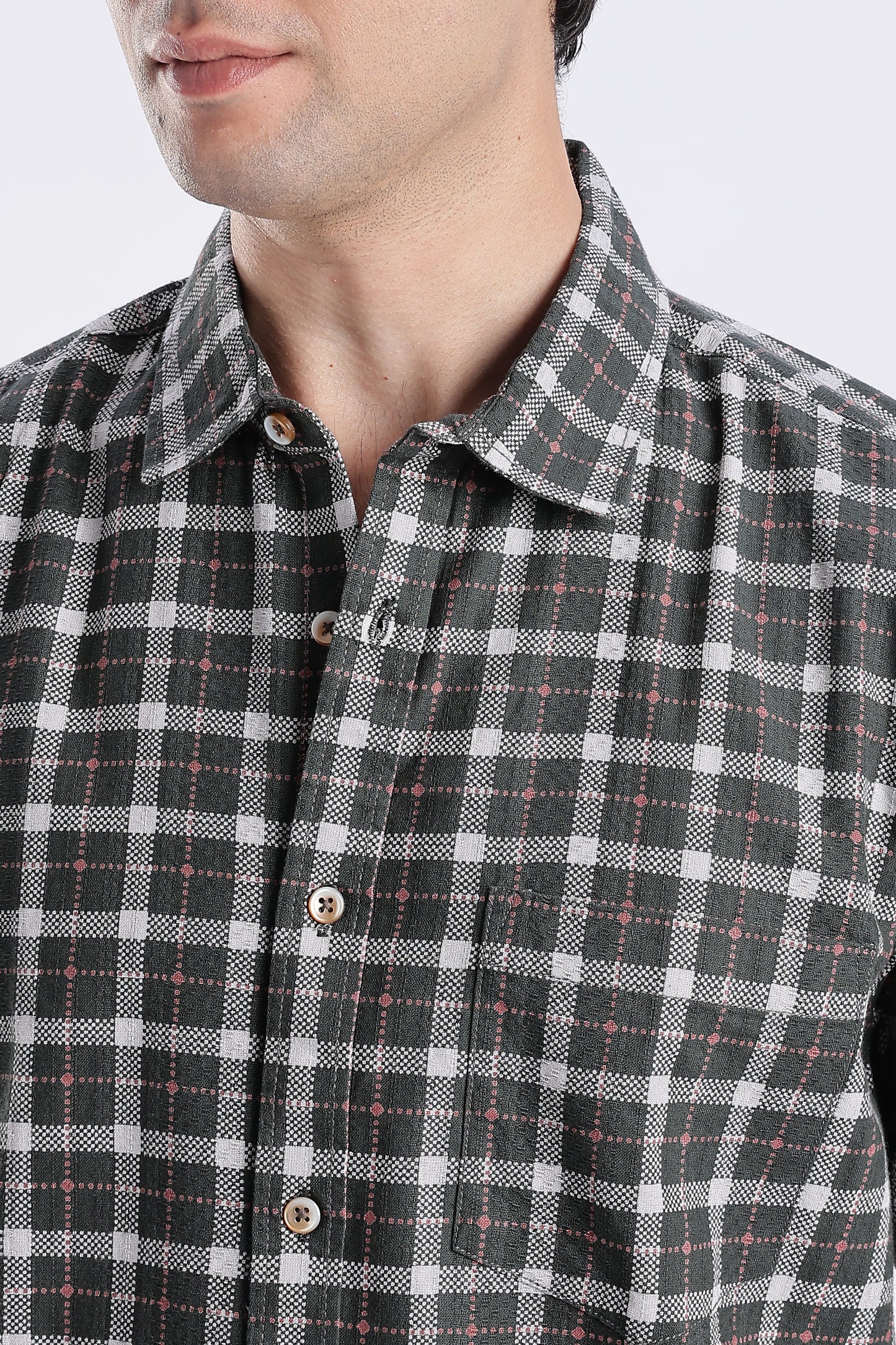 Men Green Cotton Dobby Checks Shirt