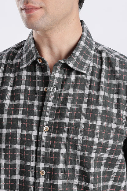 Men Green Cotton Dobby Checks Shirt