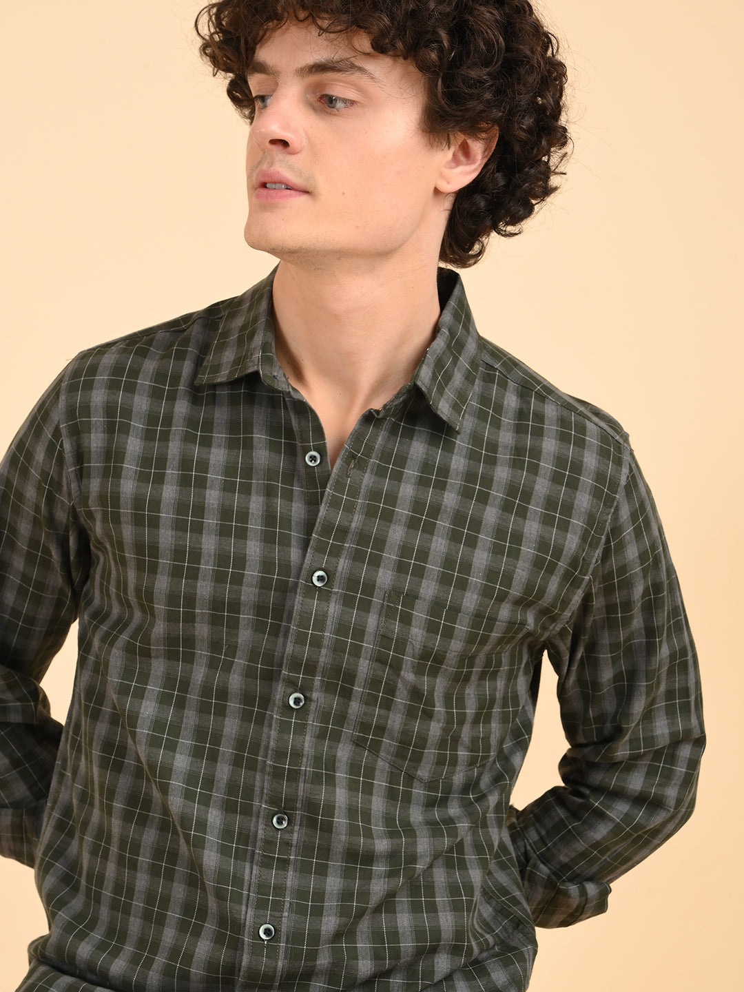 Green Melange Checks Cotton Shirt