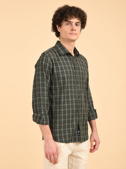 Green Melange Checks Cotton Shirt