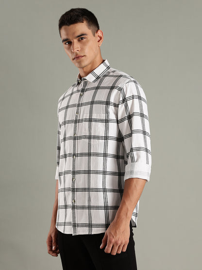 Men White Cotton Dobby Checks Shirt