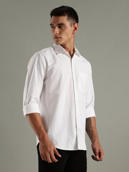 Men White Cotton Linen Slim Fit Spread Collar Classic Shirt