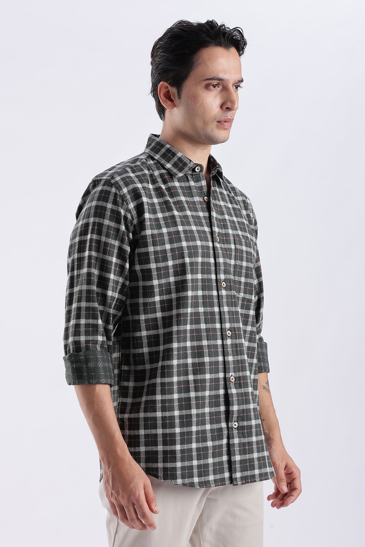 Men Green Cotton Dobby Checks Shirt