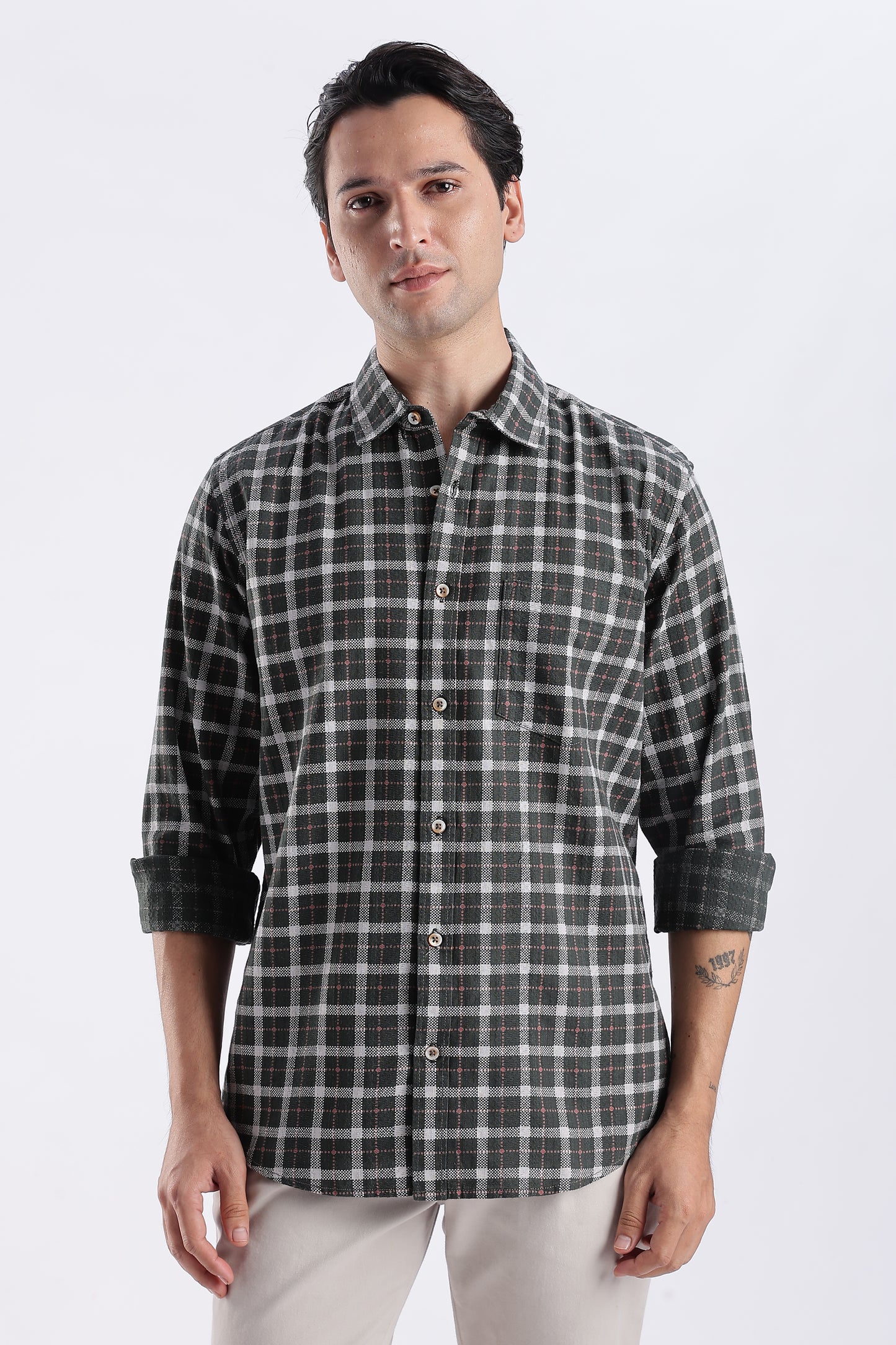 Men Green Cotton Dobby Checks Shirt