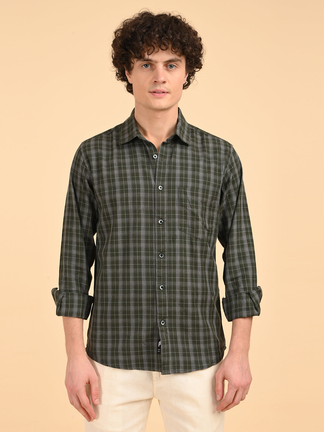 Green Melange Checks Cotton Shirt