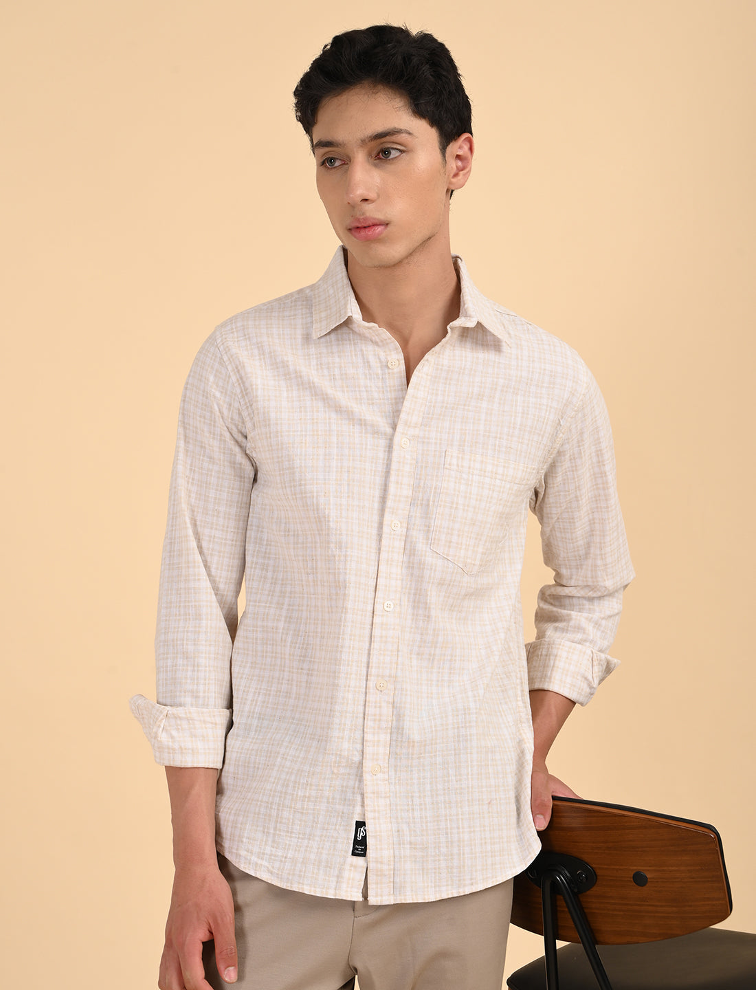 Beige Fine Checks Casual Linen Shirt