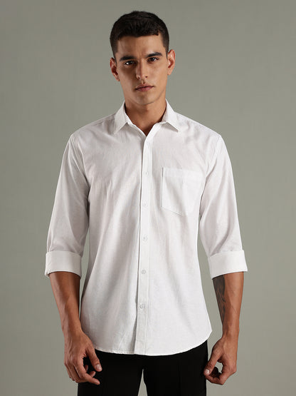 Men White Cotton Linen Slim Fit Spread Collar Classic Shirt
