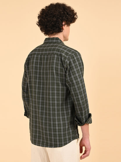 Green Melange Checks Cotton Shirt