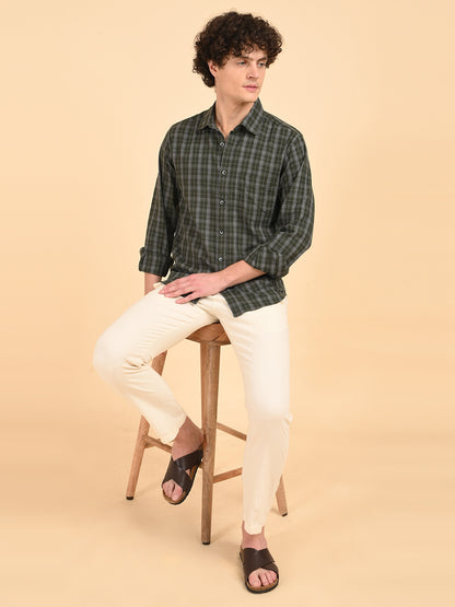 Green Melange Checks Cotton Shirt