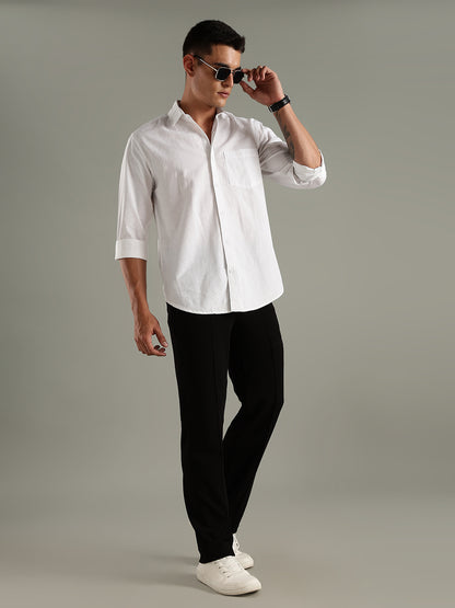 Men White Cotton Linen Slim Fit Spread Collar Classic Shirt