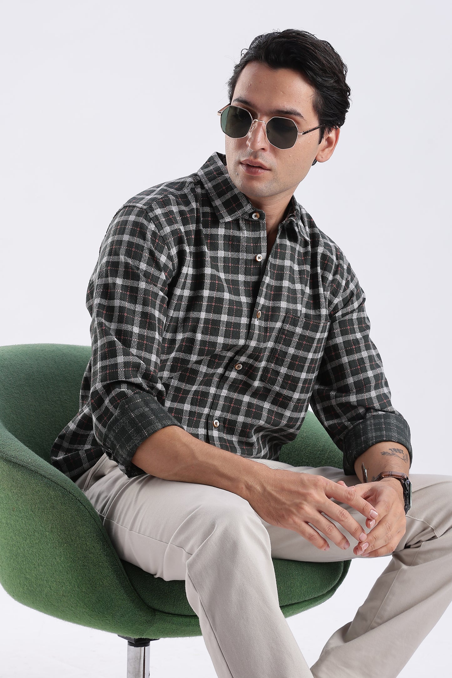 Men Green Cotton Dobby Checks Shirt