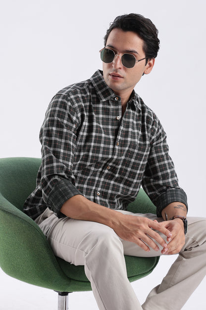 Men Green Cotton Dobby Checks Shirt