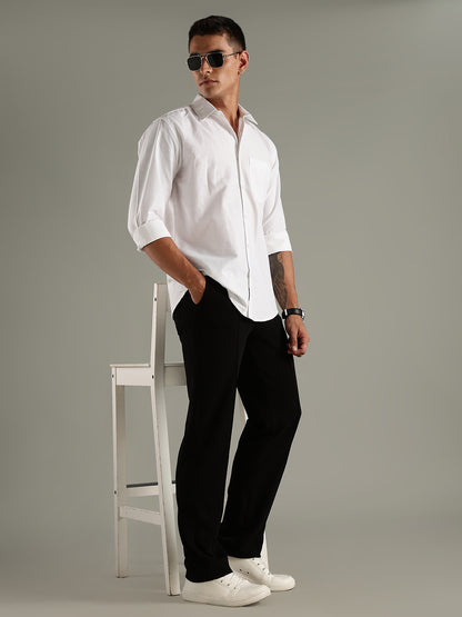Men White Cotton Linen Slim Fit Spread Collar Classic Shirt