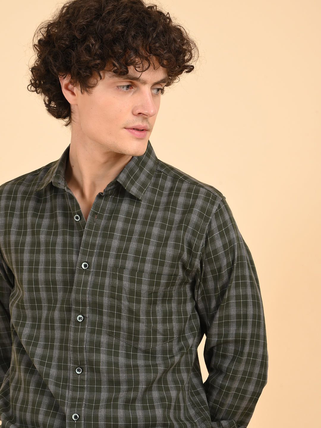 Green Melange Checks Cotton Shirt
