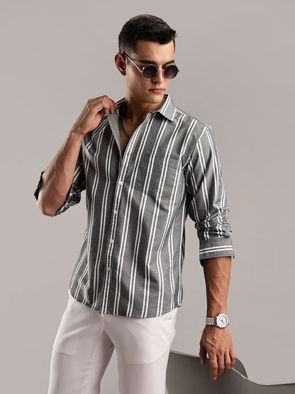 Oxford Green Casual Stripes Shirt