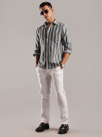 Oxford Green Casual Stripes Shirt