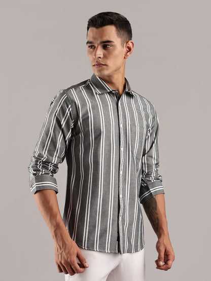 Oxford Green Casual Stripes Shirt