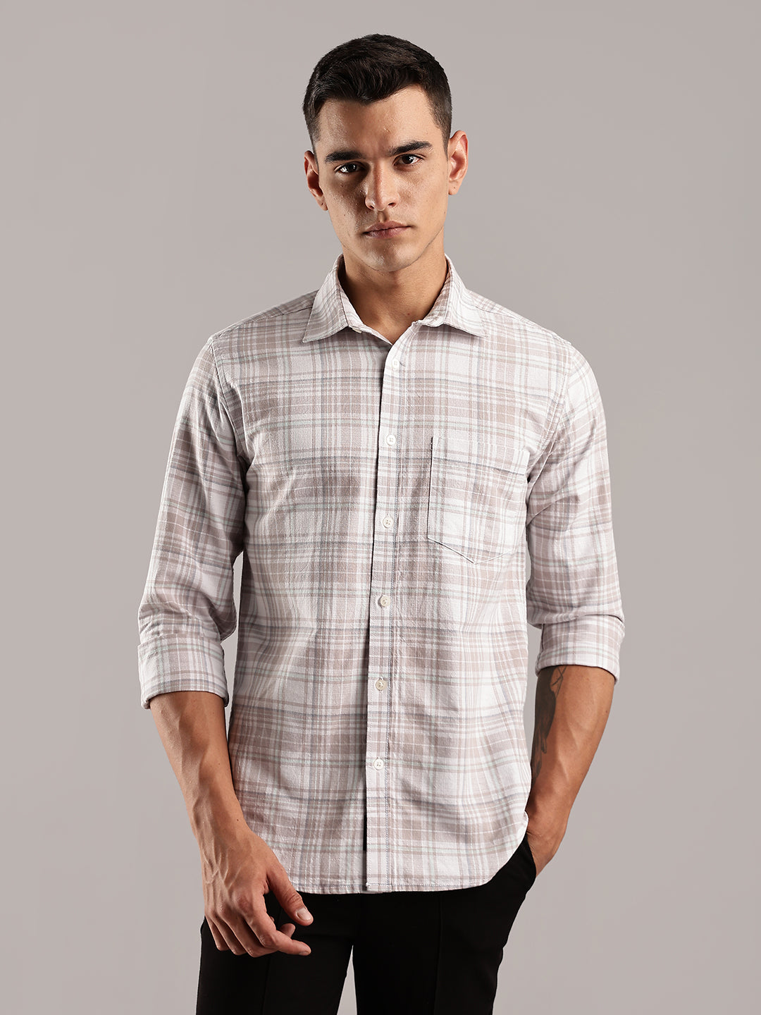 Brown Khadi Linen Checks Casual Shirt