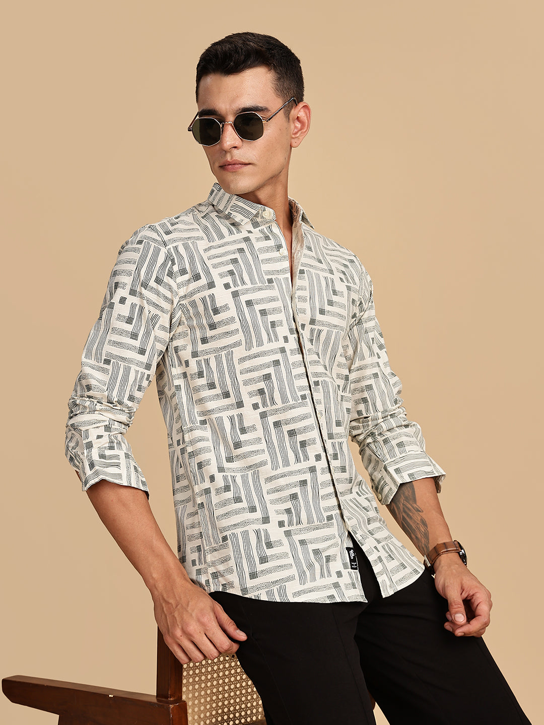 Beige Spread Collar Cotton Linen Shirt