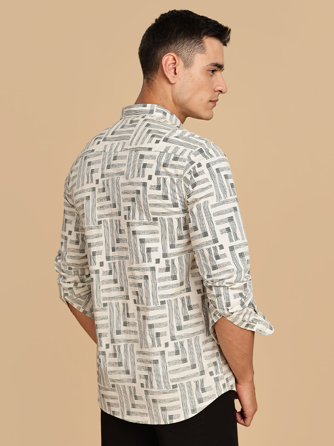 Beige Spread Collar Cotton Linen Shirt