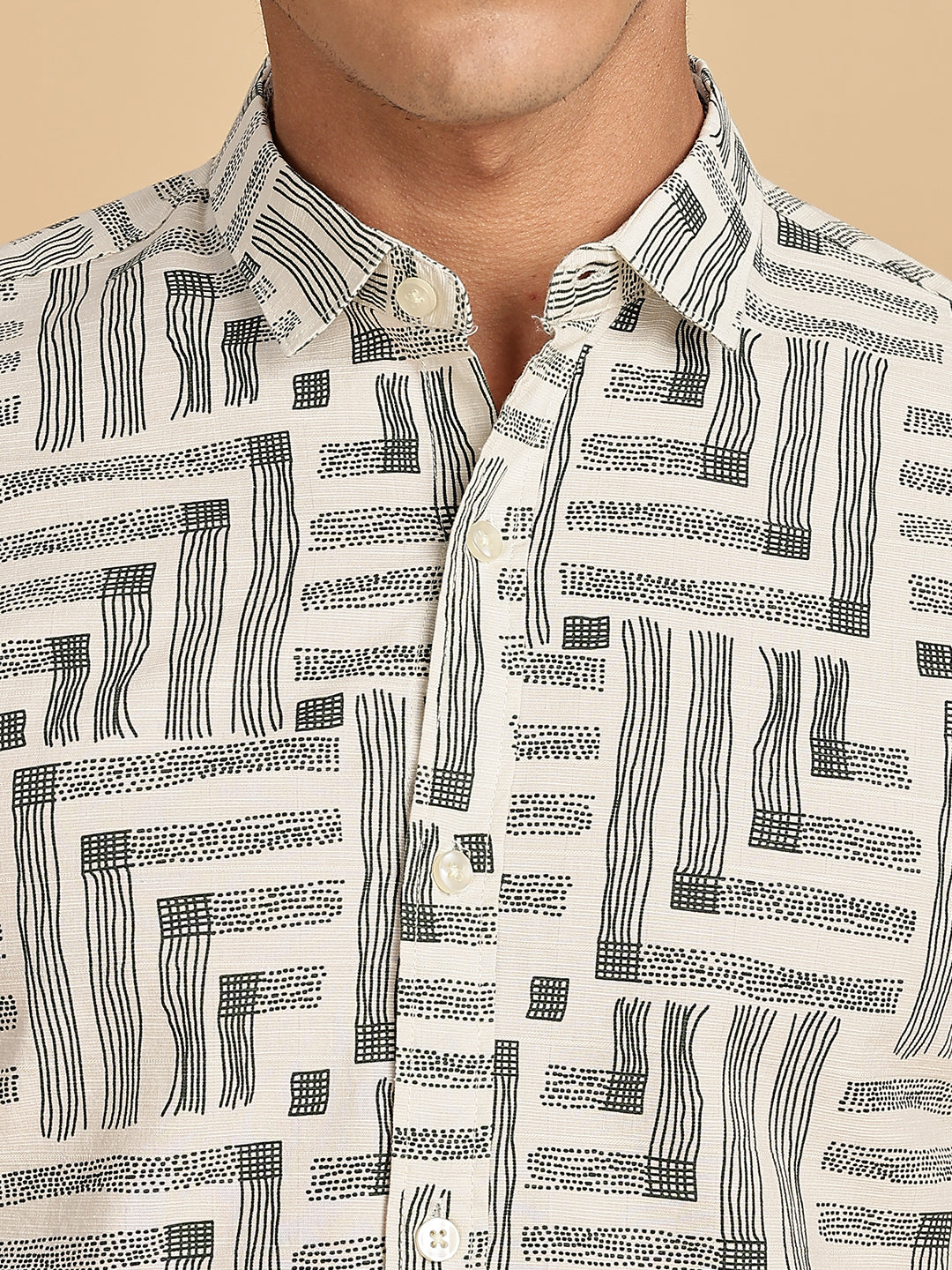 Beige Spread Collar Cotton Linen Shirt