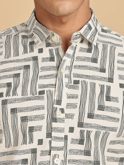 Beige Spread Collar Cotton Linen Shirt