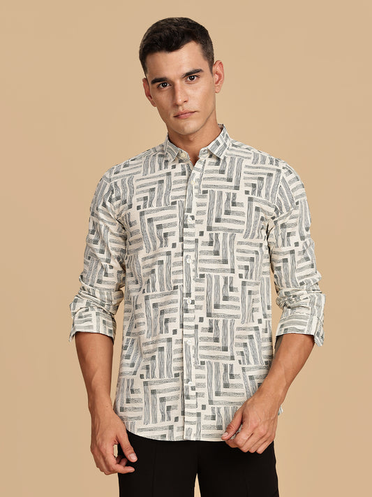 Beige Spread Collar Cotton Linen Shirt