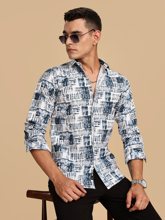 Regular Fit White Printed Linen Shirt