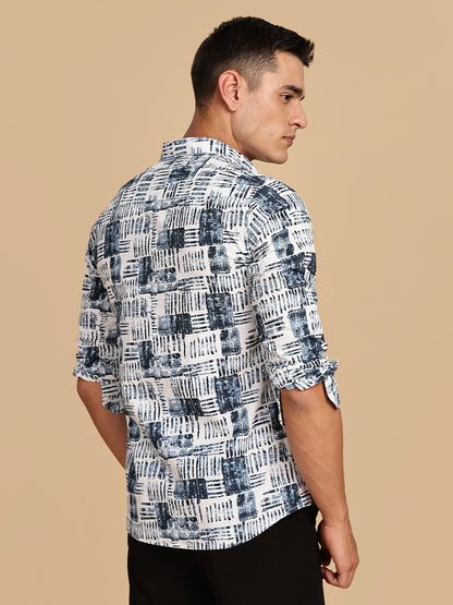 Regular Fit White Printed Linen Shirt