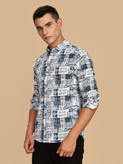 Regular Fit White Printed Linen Shirt
