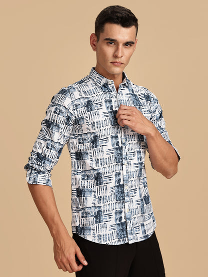 Regular Fit White Printed Linen Shirt