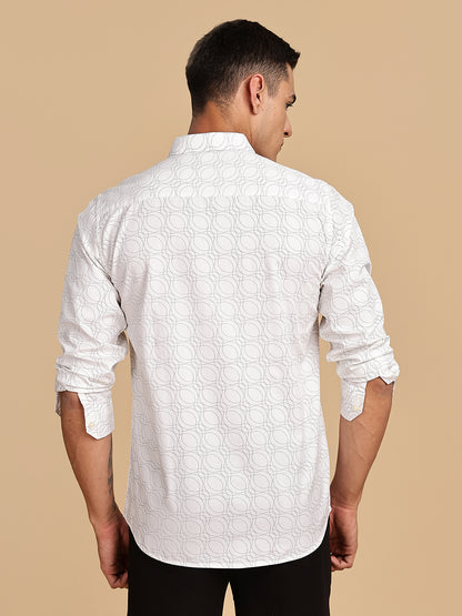 Spread Collar Printed White Casual Shirt