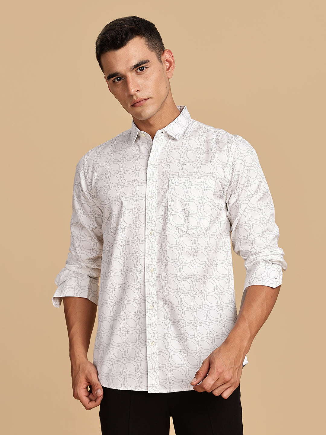 Spread Collar Printed White Casual Shirt
